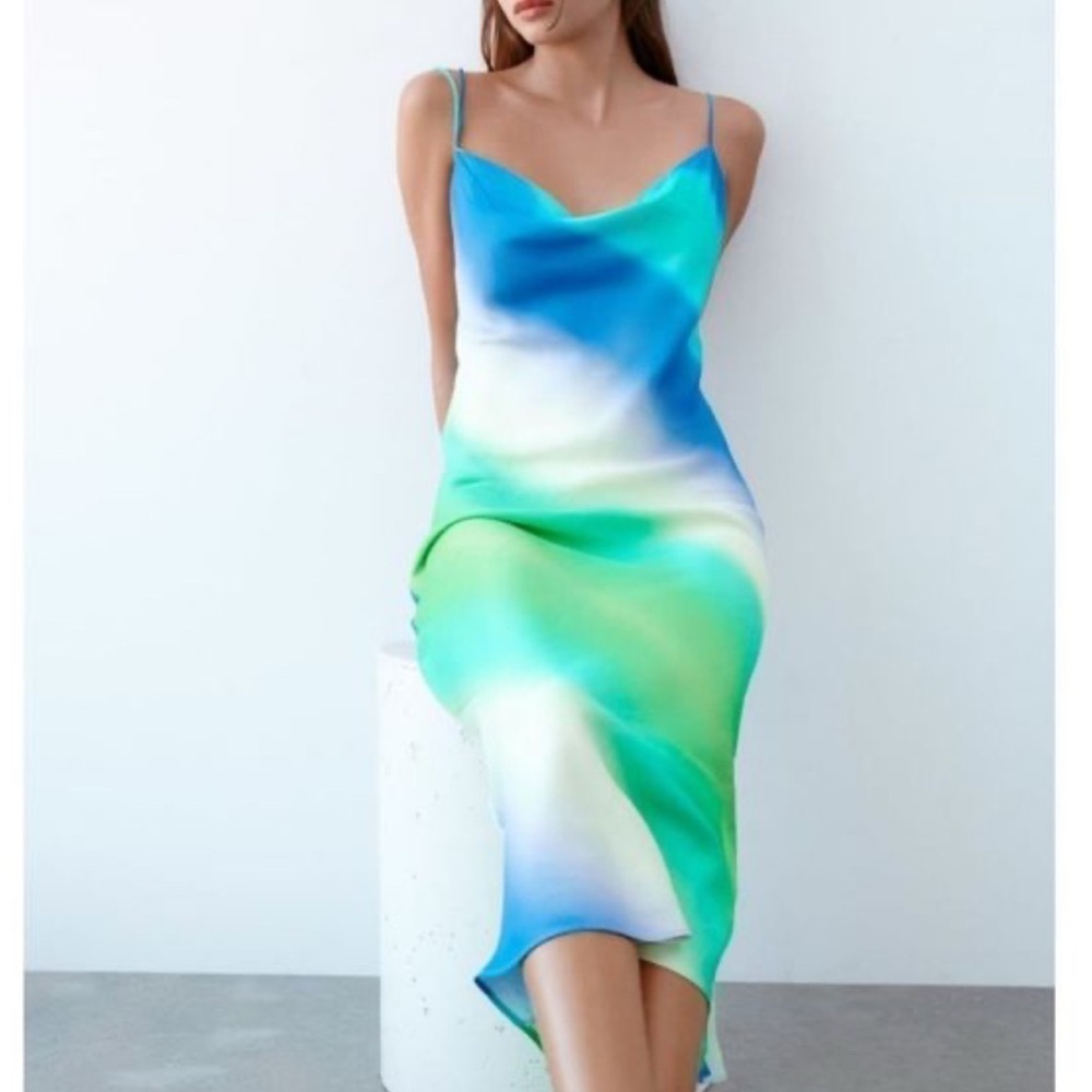 Zara Tie Dye Satin Effect MIDI Dress women’s Small